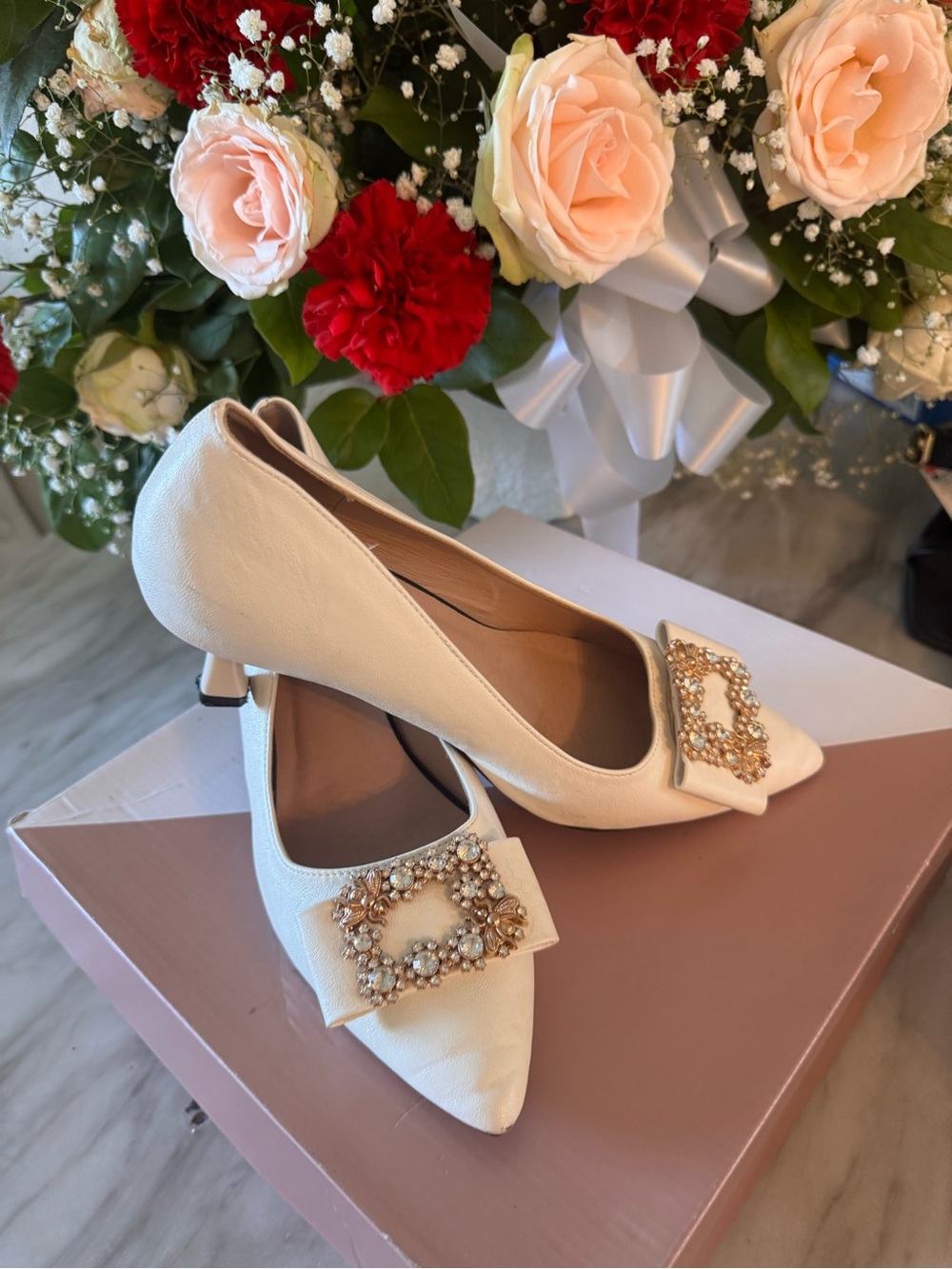 Ivory Pointed Toe Kitten Heels with Crystal Brooch Detail